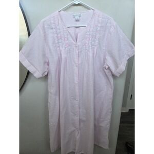Miss Elaine Housedress Robe Xl Seersucker Smocked Pink White Snap Embroidered